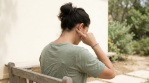 A person seen from behind on an outdoor bench pressing an acupressure point behind their ear with one fingertip.