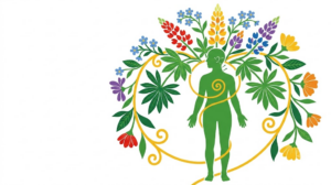 Flat vector folk-art illustration of a full human figure with acupuncture needles at the ear and neck, surrounded by stylised blooms and foliage on a white background.