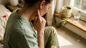 A close, warm over-the-shoulder photograph of a person pressing an acupuncture point just below their ear with a fingertip beside a sunlit windowsill.