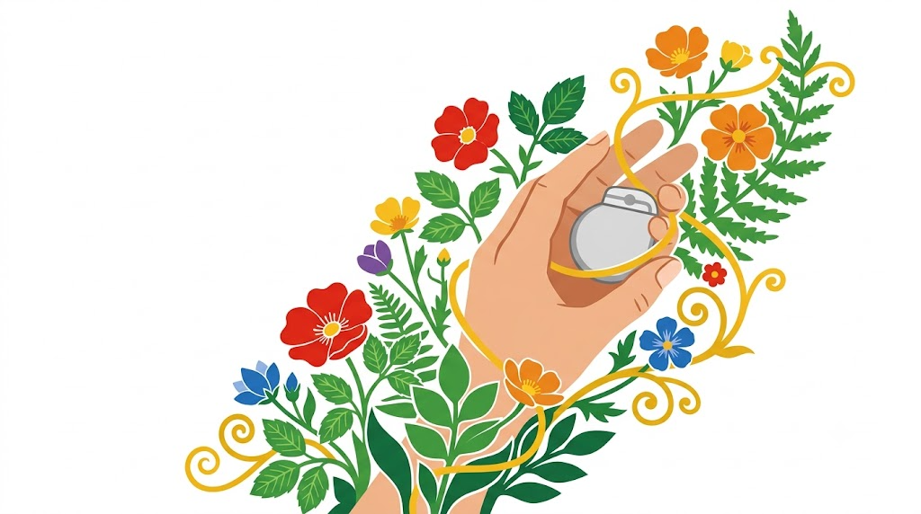 Flat vector folk-art illustration of a pair of hands holding a small implantable vagus nerve stimulator, framed by stylised wild roses, buttercups and fern fronds on a white background.