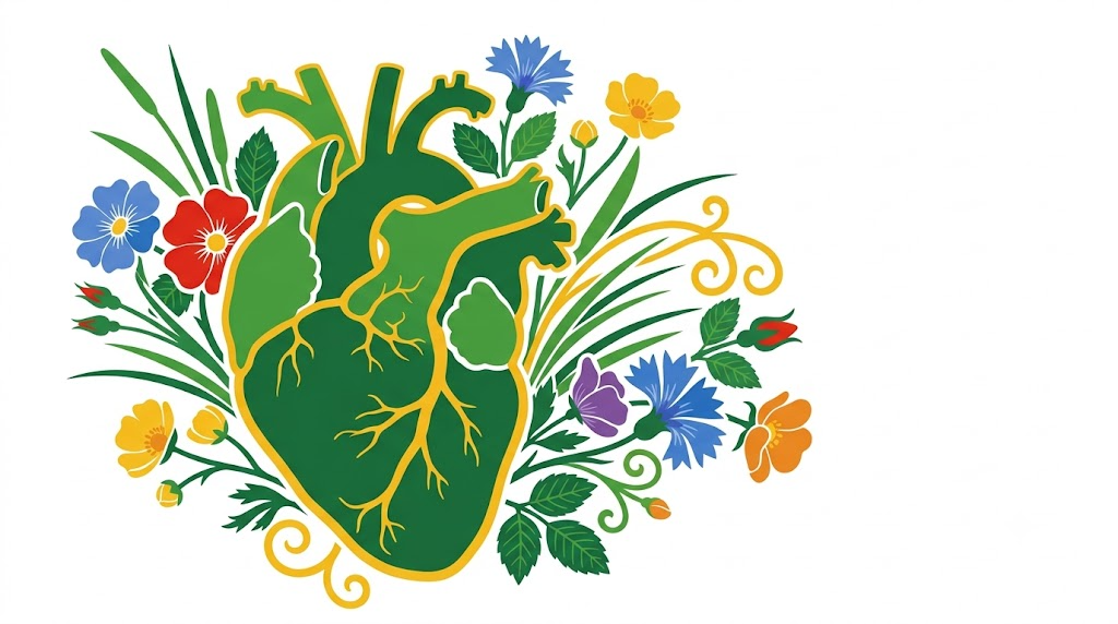 A flat vector folk-art illustration of an anatomical human heart surrounded by stylised flowers and a golden vine on a white background.