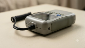 A small unbranded grey nerve stimulator with a coiled cable on a matte cream painted board.