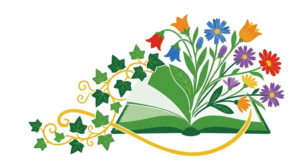 A flat folk-art vector illustration of an open book with bellflowers, asters and ivy spraying from it.