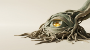 Clay eye formed from sage and putty roots spreading across a smooth surface, its centre a shallow pool of molten golden light.