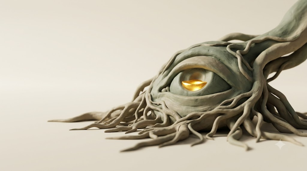 Clay eye formed from sage and putty roots spreading across a smooth surface, its centre a shallow pool of molten golden light.