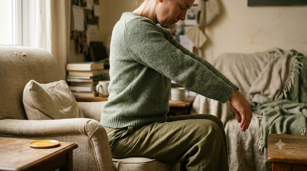 A person rolling their shoulders slowly with arms relaxed in a warm room