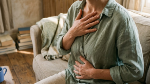 Close view from above of a person on a sofa breathing slowly with one hand on the belly and one on the chest in early morning light.