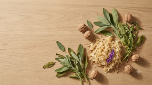 A still life photograph of a small heap of sauerkraut with leafy greens and walnuts on a plain pale surface.