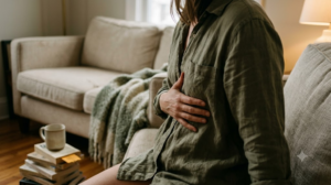 An over the shoulder view of a person on a sofa breathing slowly with one hand resting on their ribs in warm lamplight.