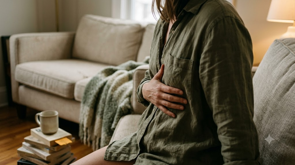 An over the shoulder view of a person on a sofa breathing slowly with one hand resting on their ribs in warm lamplight.