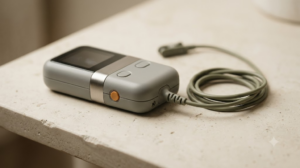 A small unbranded grey ear clip nerve stimulator with a coiled lead on a pale chipped stone shelf.