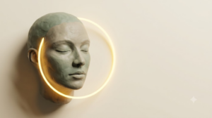 A soft matte clay sculpted head in three-quarter profile with a calm resting face, lit by a single bright golden light element.