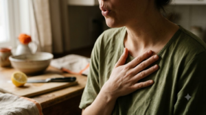 A close, warm photograph cropped at the chin of a person breathing out slowly through pursed lips with one hand resting flat on their chest at a wooden counter.