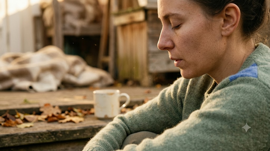 A person in profile on a low step outdoors breathing out slowly with eyes closed.