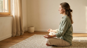 A person in profile sitting cross-legged on a woven rug with eyes closed, breathing slowly with hands resting on their knees in late afternoon light.