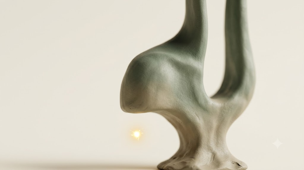 Macro clay tuning fork form in sage and putty suggesting a relaxed shoulder, with a single golden spark floating beside it.