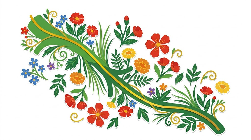 A flat folk-art vector illustration of a human vagus nerve among stylised flowers and curling vines on a white background.