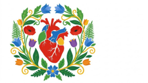 A flat folk-art vector illustration of a human heart encircled by a wreath of poppies, tulips and ferns on white.