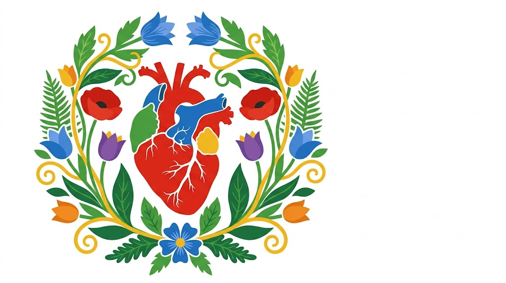 A flat folk-art vector illustration of a human heart encircled by a wreath of poppies, tulips and ferns on white.