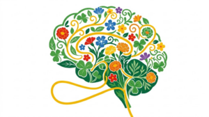A flat folk-art vector illustration of a human brainstem framed by stylised flowers and curling vines on white.