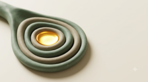 Macro clay form of a gallbladder rendered as nested sage and putty rings cradling a shallow pool of molten golden light.