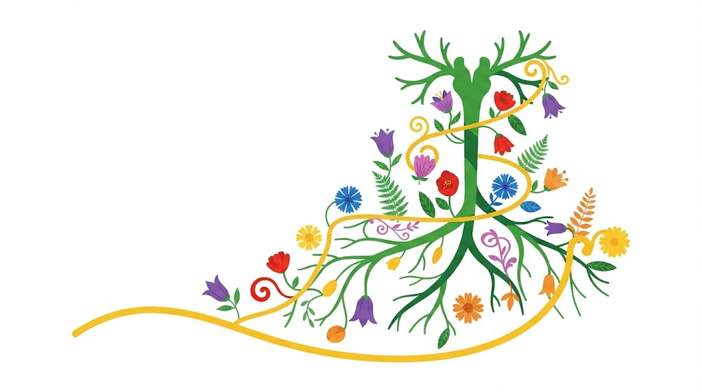 A flat vector folk-art illustration of a human vagus nerve with stylised flowers and leaves on a white background.