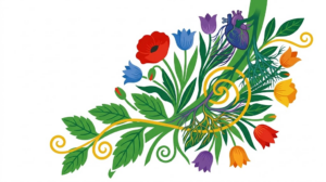 A flat folk-art vector illustration of a human vagus nerve with a spray of stylised poppies and tulips fanning out to one side.