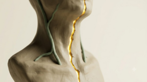 A simplified sculpted matte clay human neck showing the vagus nerve, marked by one bright golden light element.