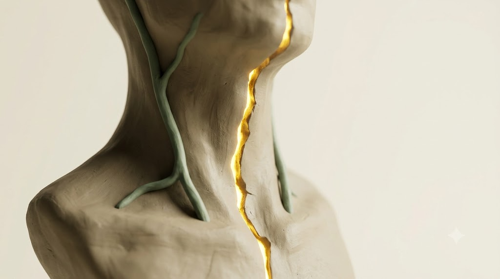 A simplified sculpted matte clay human neck showing the vagus nerve, marked by one bright golden light element.