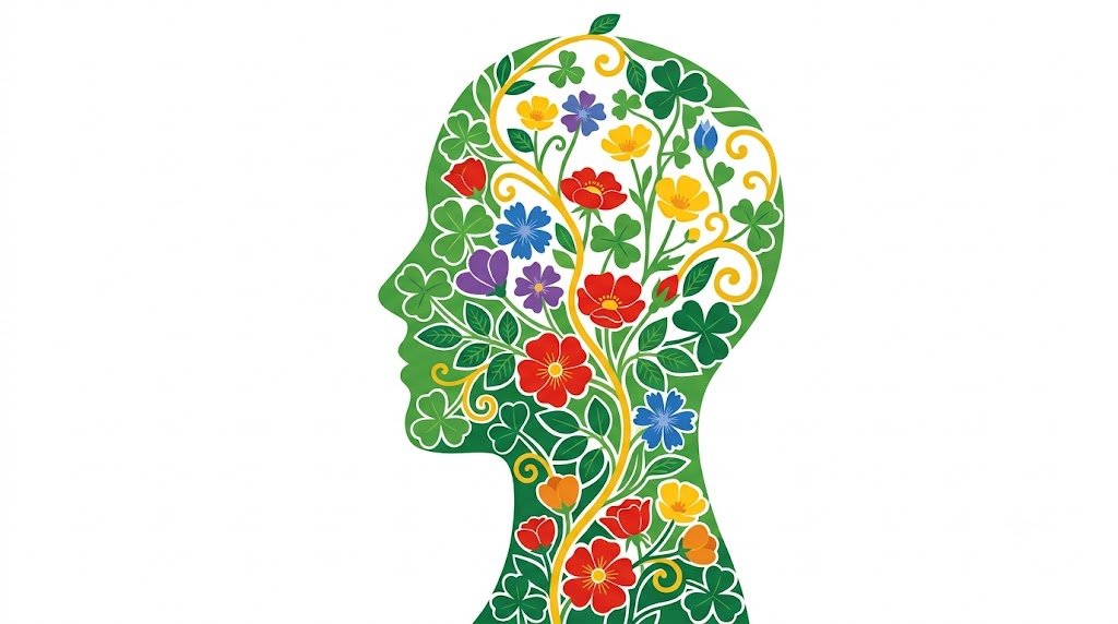 A flat folk-art vector illustration of a human head and neck in profile filled with a garden of stylised wild roses and buttercups.