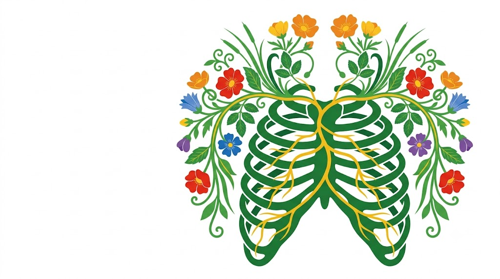 A flat folk-art vector illustration of a human ribcage with stylised flowers arching over it on white.