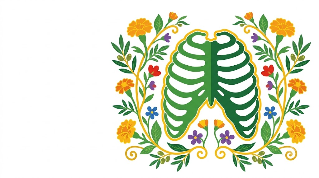 A flat folk-art vector illustration of a human ribcage between mirrored sprays of marigolds and olive sprigs.