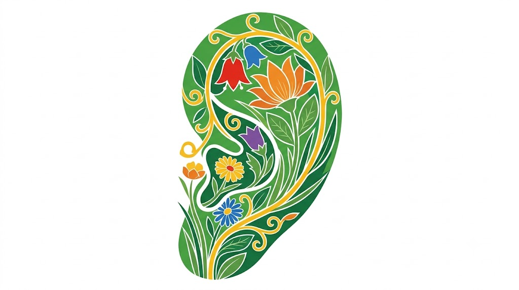 A flat folk-art vector illustration of a human inner ear framed by stylised flowers and curling vines on white.