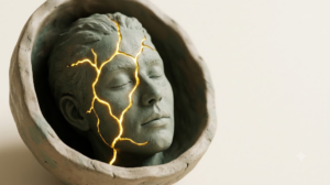 A sculpted matte clay human head with closed eyes, marked by one bright golden light element.