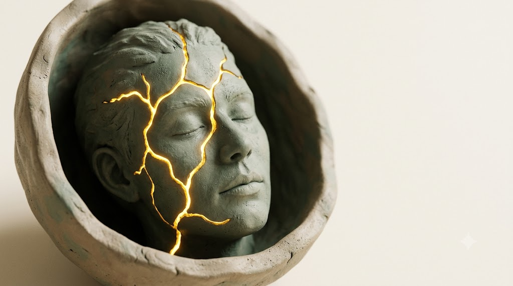 A sculpted matte clay human head with closed eyes, marked by one bright golden light element.