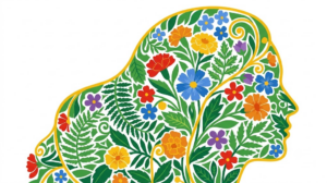 A flat folk-art vector illustration of a human head in profile filled with stylised marigolds, blossoms and fern fronds.