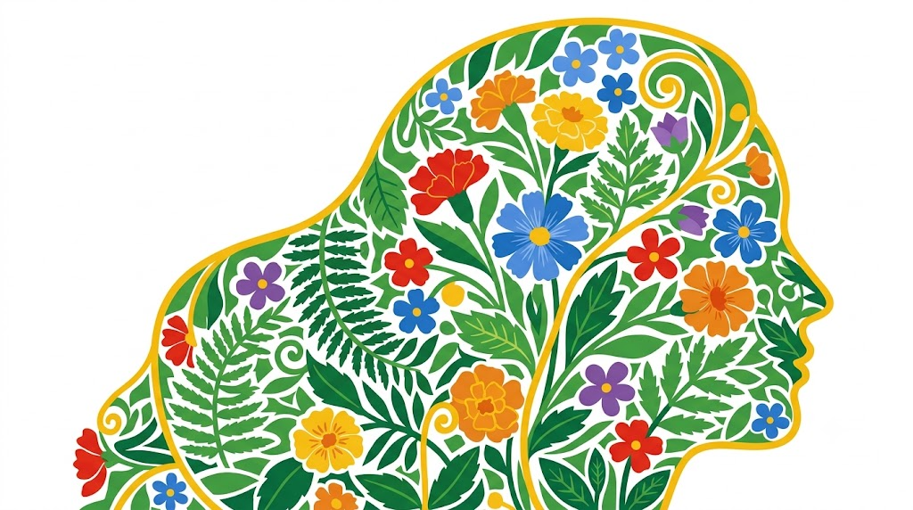 A flat folk-art vector illustration of a human head in profile filled with stylised marigolds, blossoms and fern fronds.