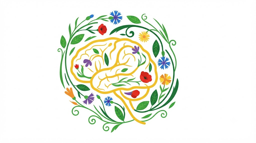 Flat vector illustration of a human brain ringed by a loose spiral of stylised cornflowers, daisies and grasses.