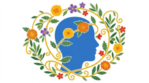 Flat vector illustration of a human head in profile framed by folk-art flowers, leaves and vine scrollwork.