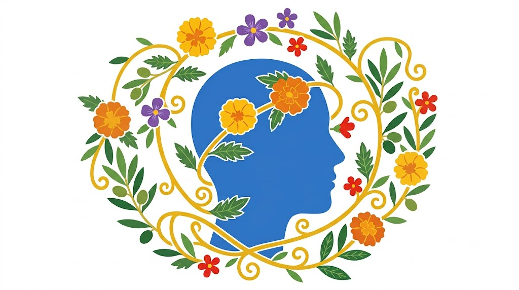 Flat vector illustration of a human head in profile framed by folk-art flowers, leaves and vine scrollwork.