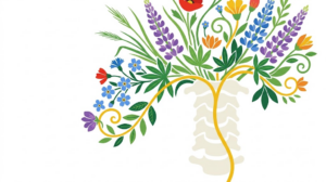 A flat vector illustration of a human cervical spine surrounded by folk-art botanicals.