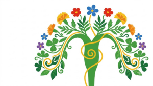 A flat folk-art vector illustration of a human vagus nerve among stylised flowers and curling vines on a white background.