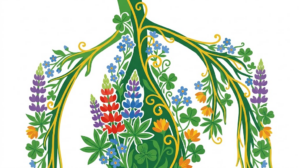 A flat folk-art vector illustration of a branching vagus nerve filled with lupins and forget me nots.