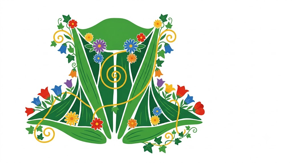 A flat vector folk-art illustration of the muscles of a human neck framed by stylised leaves and flowers.