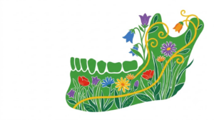 A flat folk-art illustration of a human lower jaw bone filled with a garden of bellflowers, asters and slender grasses.