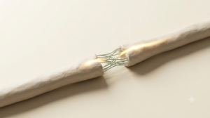 Macro view of a clay nerve strand with a break being bridged by fine new filaments as a golden pulse jumps the gap