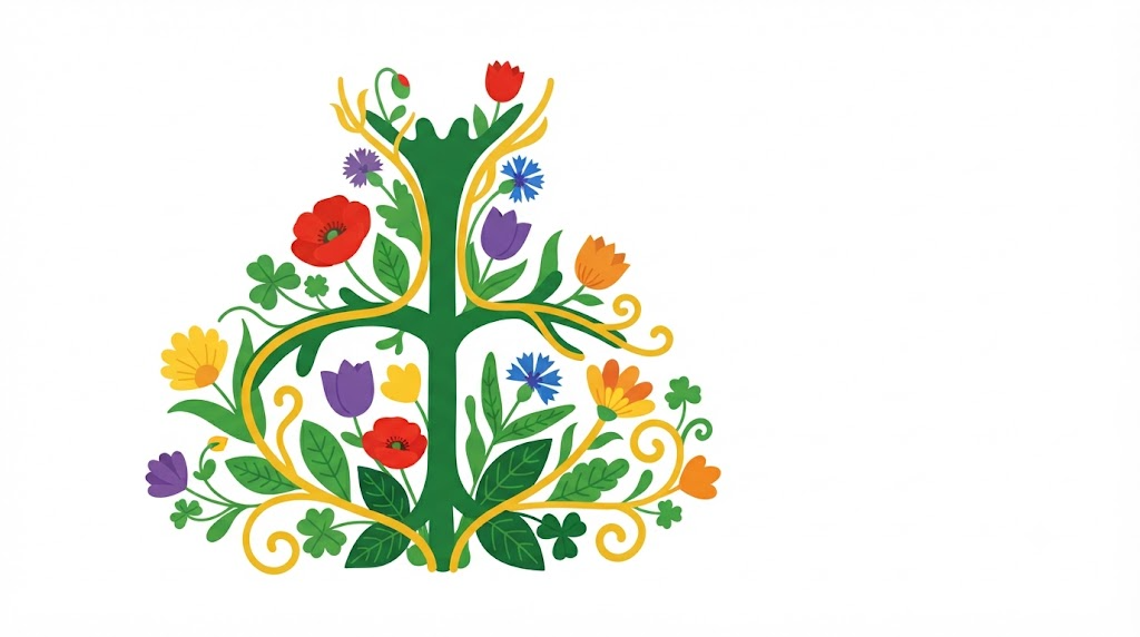 A flat vector folk-art illustration of a human vagus nerve surrounded by stylised flowers and leaves on a white background.