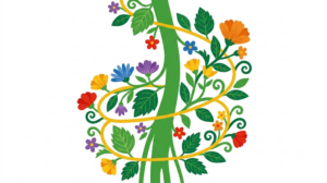 A flat folk-art vector illustration of a vagus nerve trunk wrapped in a golden vine with stylised flowers and leaves on a white background.