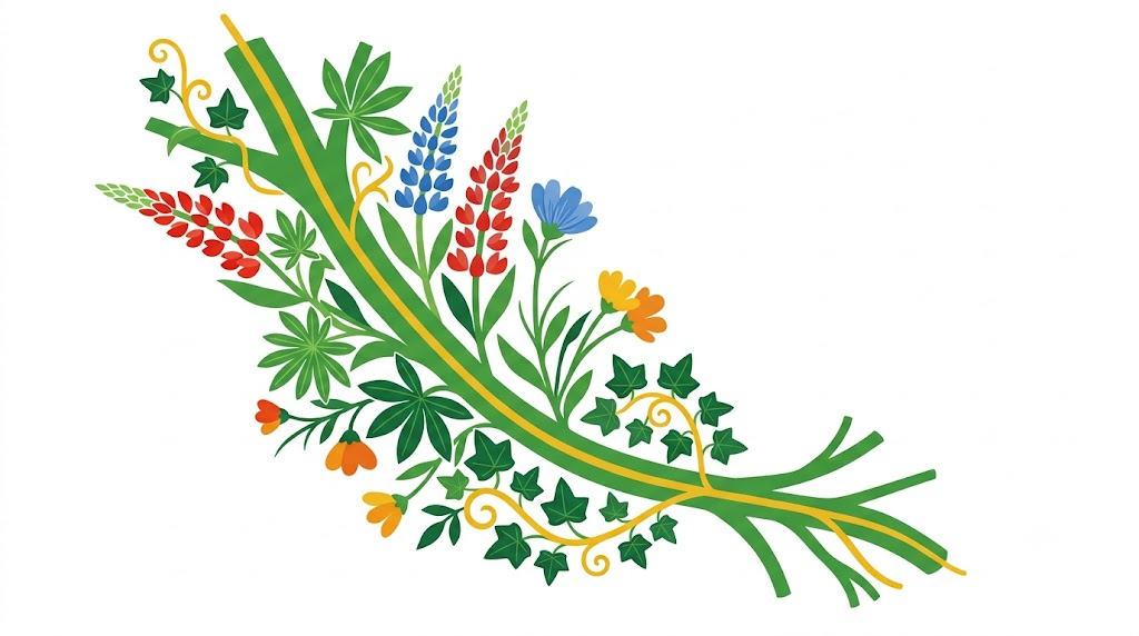 A flat folk-art vector illustration of a branching vagus nerve on a diagonal with lupins, forget me nots and ivy.