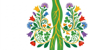 A flat folk-art vector illustration of the human vagus nerve framed by stylised flowers and curling vines on white.